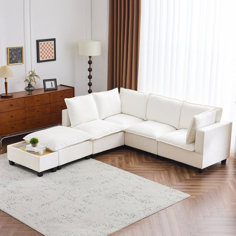 Canapé modulaire en U de 90 po Modern Canapé modulaire avec repose-pieds mobile, table basse avec appareils de chargement cachés pour le salon, blanc