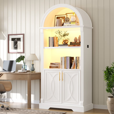 French Vintage Arched Display Cabinet with LED Lighting, Open Shelving and Cupboard Storage