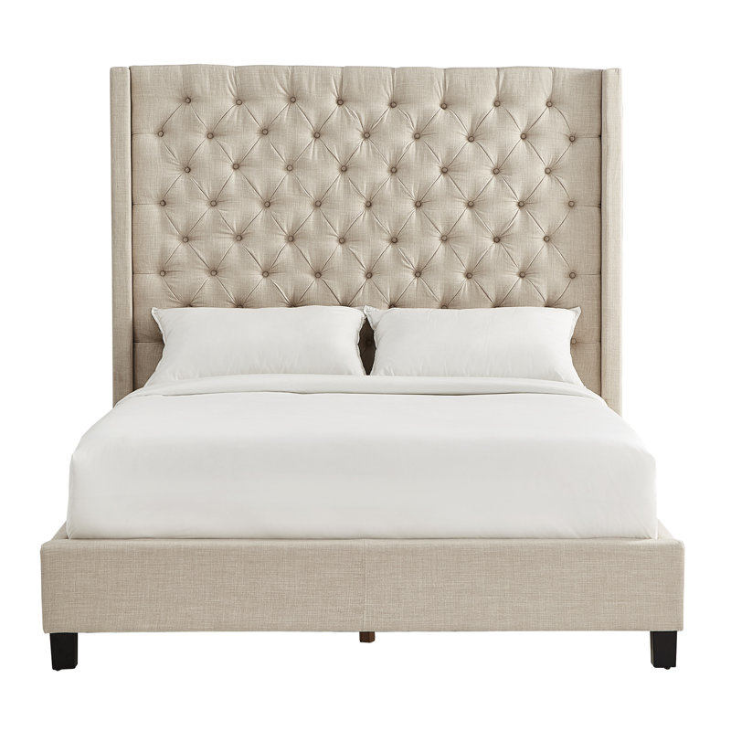 Londono Upholstered Wingback Bed, Heathered Beige Linen, Queen