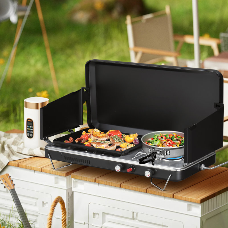 Poêle de camping portatif et barbecue au propane 2 en 1 Winado avec plaque chauffante en émail et allumeur piézo-électrique