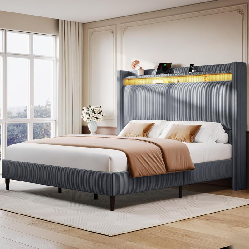 King Size Corduroy Upholstered Wingback Platform Bed Frame With Storage Headboard & Charging Station, Dark Gray, King