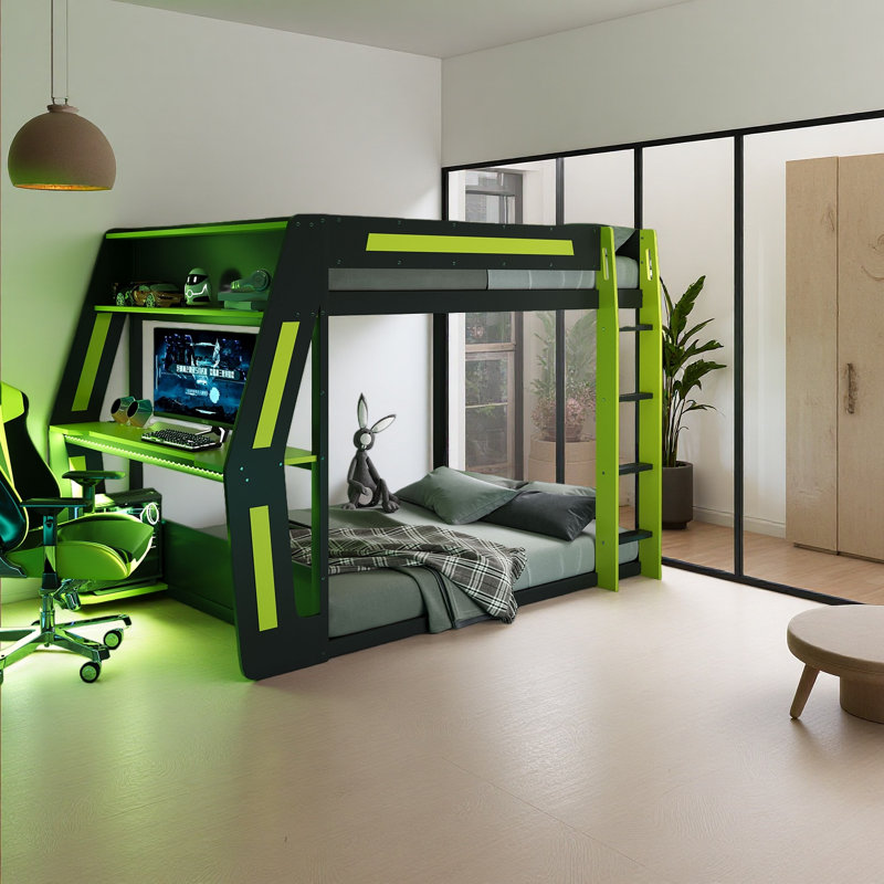 Lit superposé double pleine grandeur avec bureau RVB surdimensionné monté sur le côté, ports de charge USB et œillet pour câble, bande lumineuse à DEL, structure Esoft Loft robuste - conception fraîche