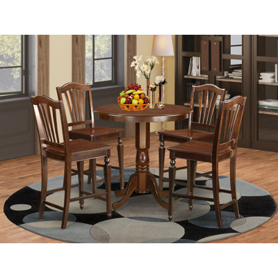 5 Piece Kitchen Counter Height Dining Table Set Includes a Round Wooden Table with Pedestal and 4 Dining Chairs, Mahogany