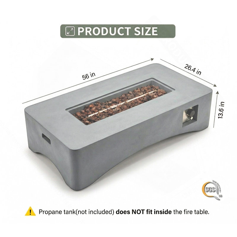 56" Propane Fire Pit Table, Rectangular Outdoor Gas Fire Pit 50,000 BTU, Modern Minimalist Fire Table For Patio Backyard Deck, Concrete Firepit With Waterproof Cover, Lava Rocks & Tank Seat–Light Grey