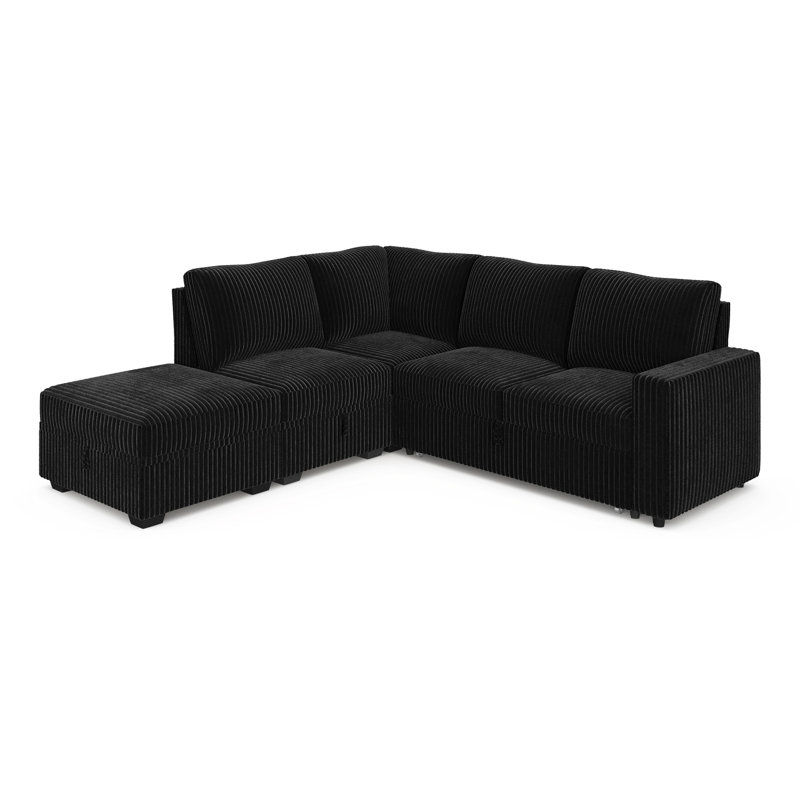 Brunella L Shaped Upholstered Corduroy Sleeper Sectional Sofa Black, 35" H x 87" W x 84.2" D, Black Corduroy