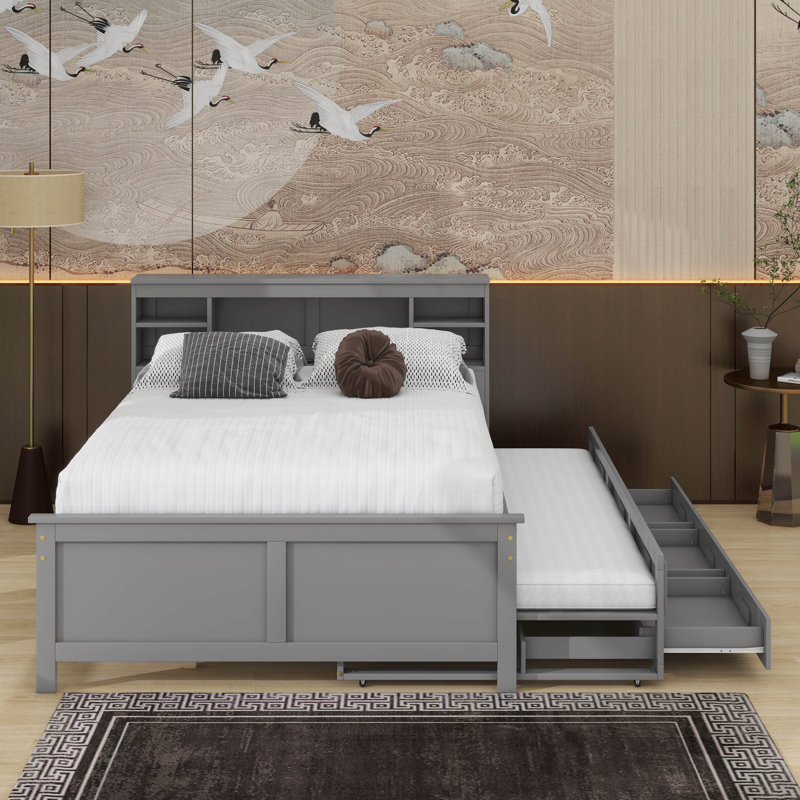 Lit plateforme avec tête de lit, USB, lit simple et tiroirs, Gris, Lit double