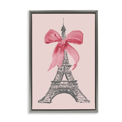 «Pink Bow on Eiffel Tower», toile encadrée dorée par Lanie Loreth