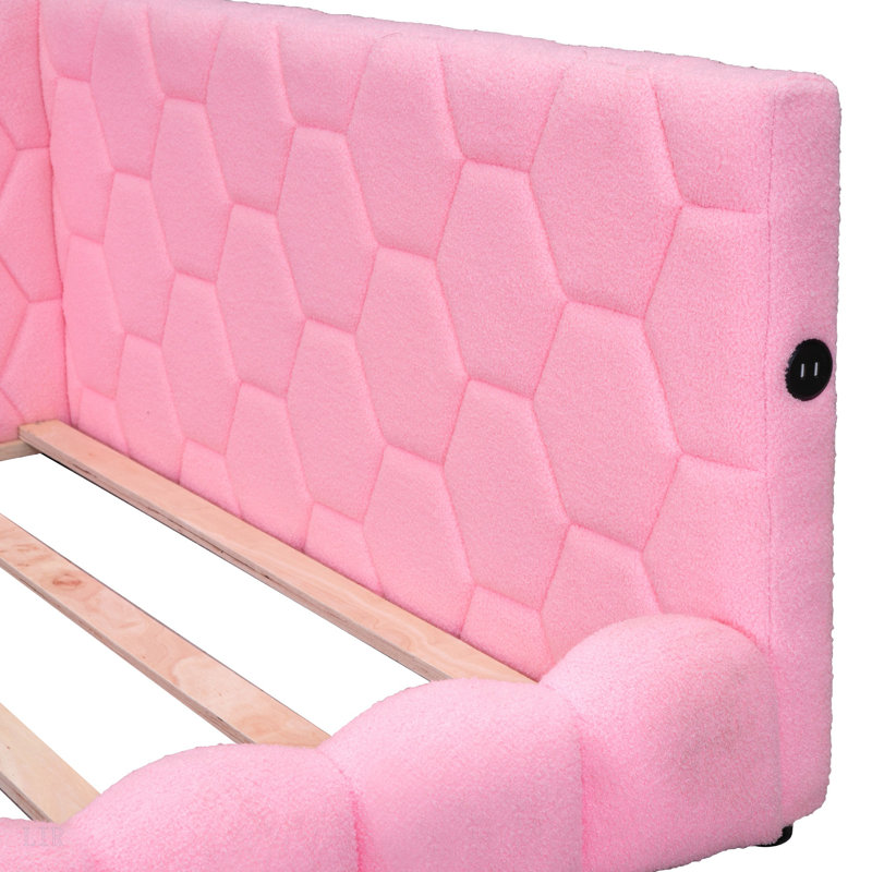 Lit plateforme tapissier pleine grandeur avec ports USB et ceinture à DEL, cadre de lit, Rose