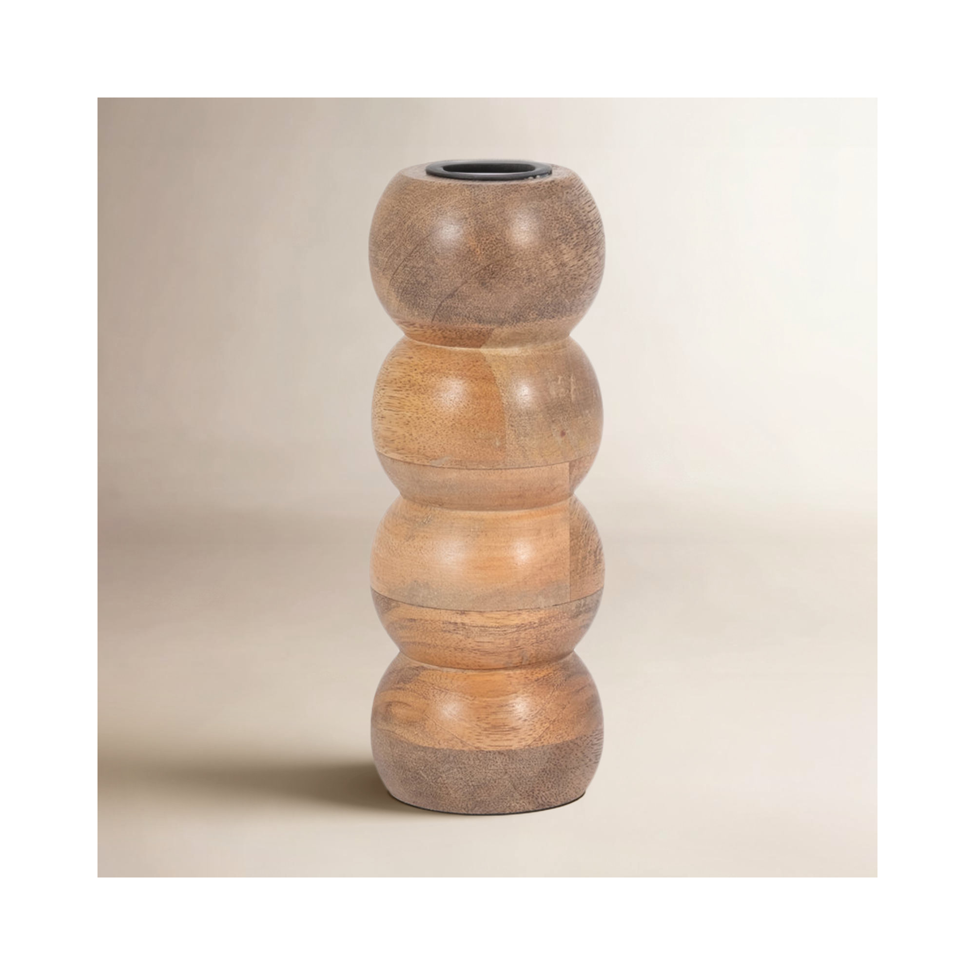  Wood Ribbed Candlestick Holder, 7" H x 3" W x 3" D, Ribbed Brown