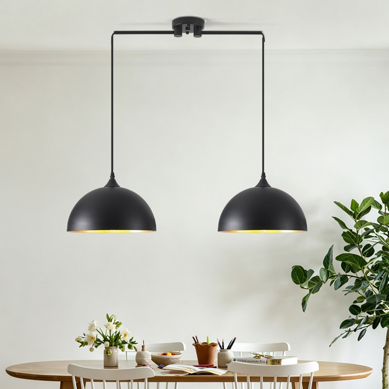 2-Light Black Dome Pendant Light for Kitchen, Dining Room, Bar, Cafe, Black