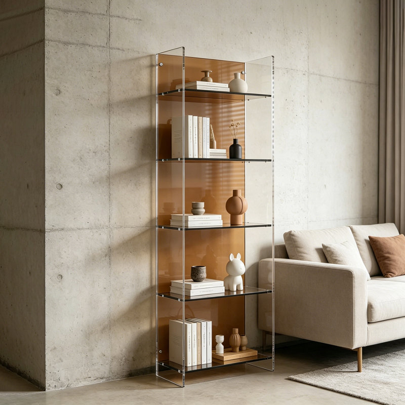 Bibliothèque moderne ambre en acrylique, (5 Shelves) 64.96"H x 23.62"W x 11.81"D
