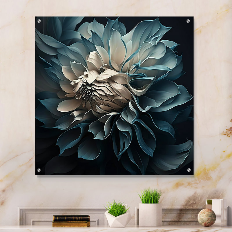 Fleurs bleues et blanches Dahlia I - art mural en acrylique Dahlia pour le salon, H 16 po x l 16 po