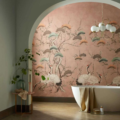Pink Chinoiserie Cranes Wall Mural | Herons and Branches Oriental Wallpaper | Non-Woven or Peel and Stick