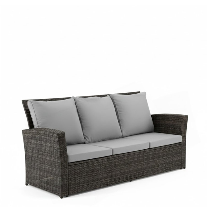 Canapé de patio 67,7 po en osier 3 places avec coussins gris épais et structure noire