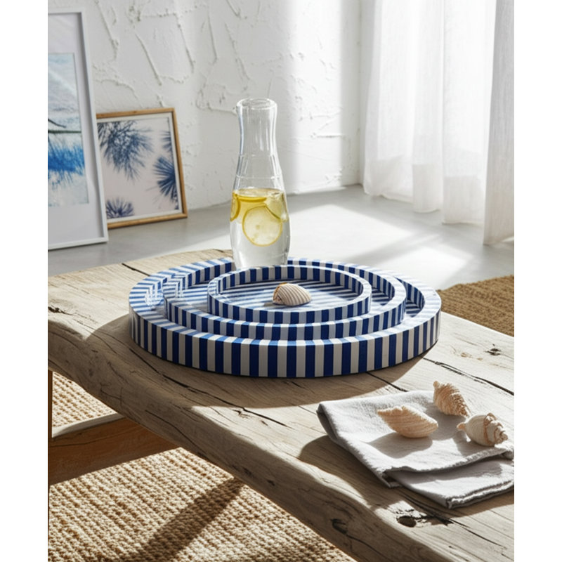 Coastal Resin & Wood Decorative Trays - Blue Striped Design - 16" 14" & 12" Round Nesting Display - Home & Office Decor Set of 3