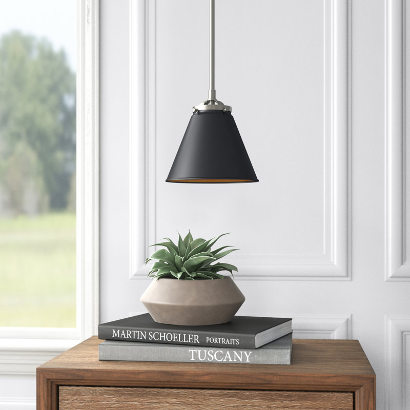Luminaire suspendu conique à 1 lumière Donovan, Noir mat, Ampoule non incluse, Nickel satiné brossé