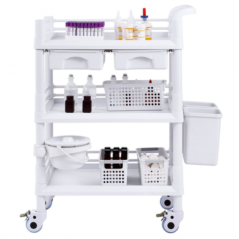 3 Tiers Lab Carts Mobile Medical Cart with 3 Trays & 3 Trash Cans White, Trolley Storage Cart with PP Material