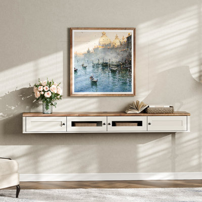 Meuble télé 70 po pour téléviseur de 80 po ou moins, meuble télé moderne avec rangement et portes, console murale avec station de charge pour le salon et la chambre à coucher