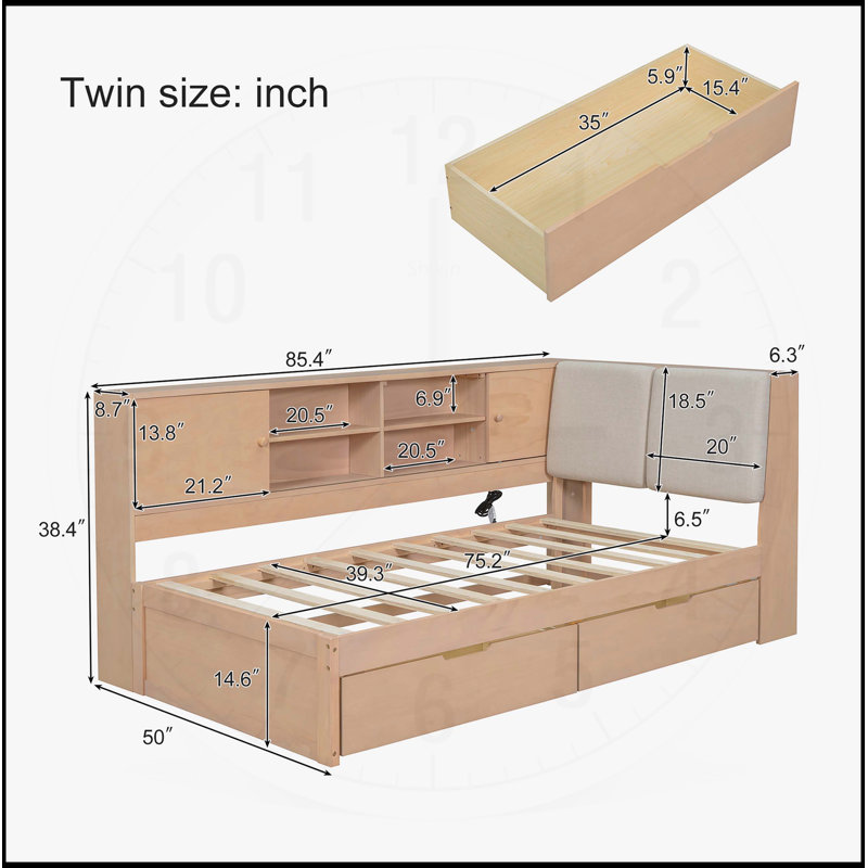 Lit de jour en bois en L avec rangement, bibliothèque, tête de lit tapissier et chargement USB pour les petits espaces