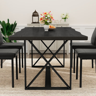 Ensemble de table de salle à manger 7 pièces en bois massif, table de salle à manger 70,9 po avec 6 chaises rembourrées en similicuir, pieds en métal industriel, ensemble de salle à manger multifonctionnel résistant à l'eau et aux rayures
