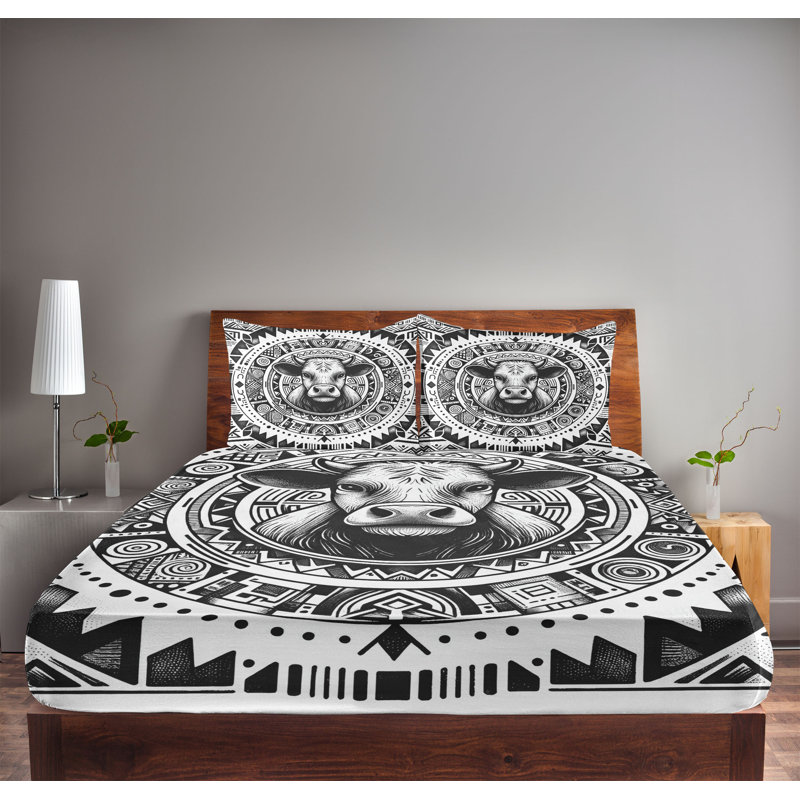 Drap-housse et taie décorative Ambesonne, croquis de vache du Sud-Ouest, gris anthracite et blanc, Grand