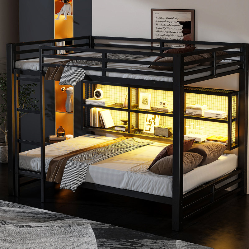Grand lit superposé en métal, finition noire, 7 couleurs, rangement, jeux de société en métal, noir, garde-corps, sommeil sécuritaire