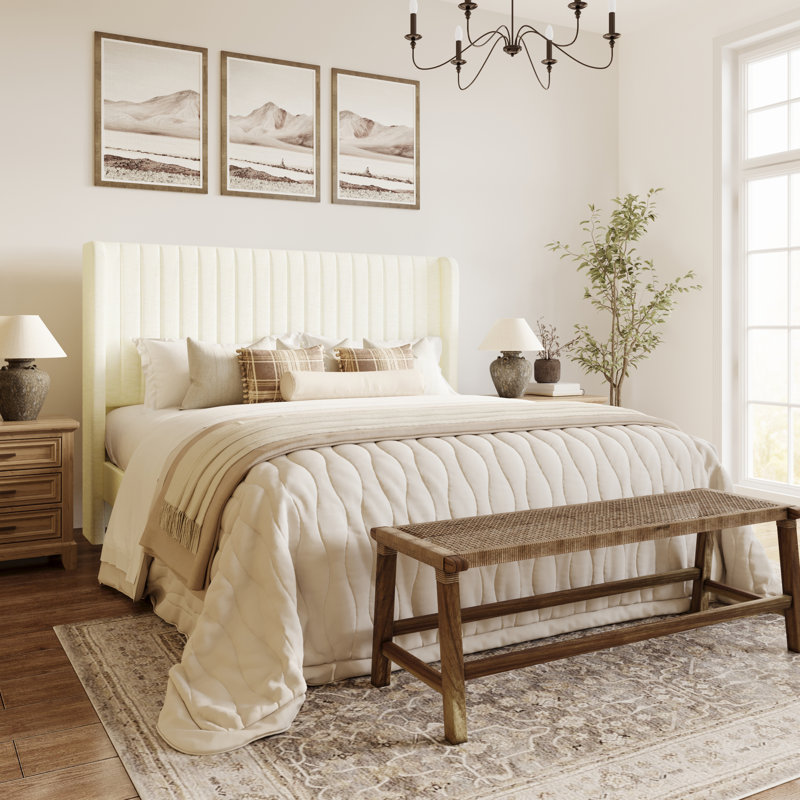Candler Velvet Upholstered Platform Bed with Wingback Headboard and Wooden Slats, Queen, White