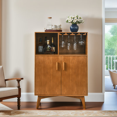 Rustic Wine Cabinet With Glass Holder & Adjustable Shelf, Kitchen Buffet Sideboard For Farmhouse Dining Room Storage by George Oliver