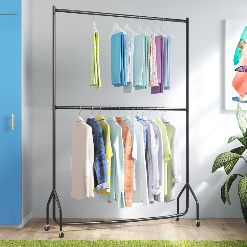 Two Tier Heavy Duty Clothes Rail Garment Hanging Rack In Black, 218 cm H x 183 cm W x 46.5 cm D