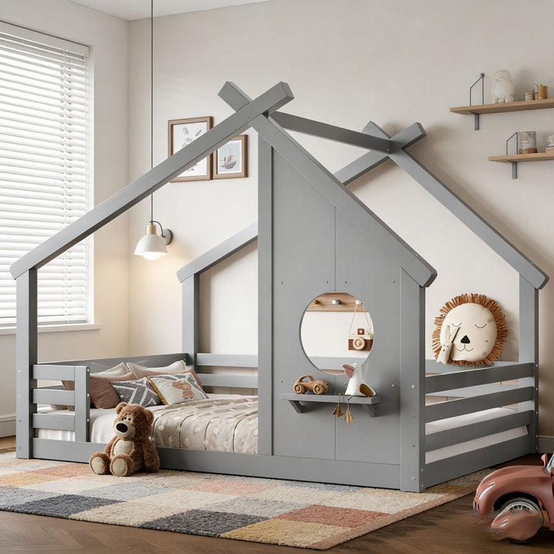 Lit House House avec fenêtre et petite tablette, Lit double, Gris