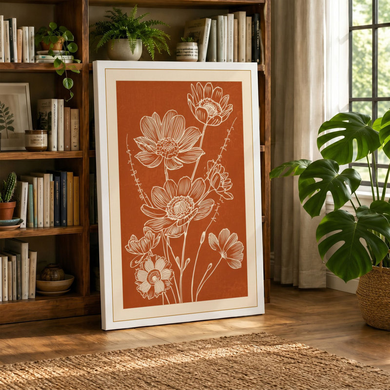 Lotus in Line Botanical - Wrapped Canvas, 24x16 - 61.0 x 40.6 cm, Terracotta Border