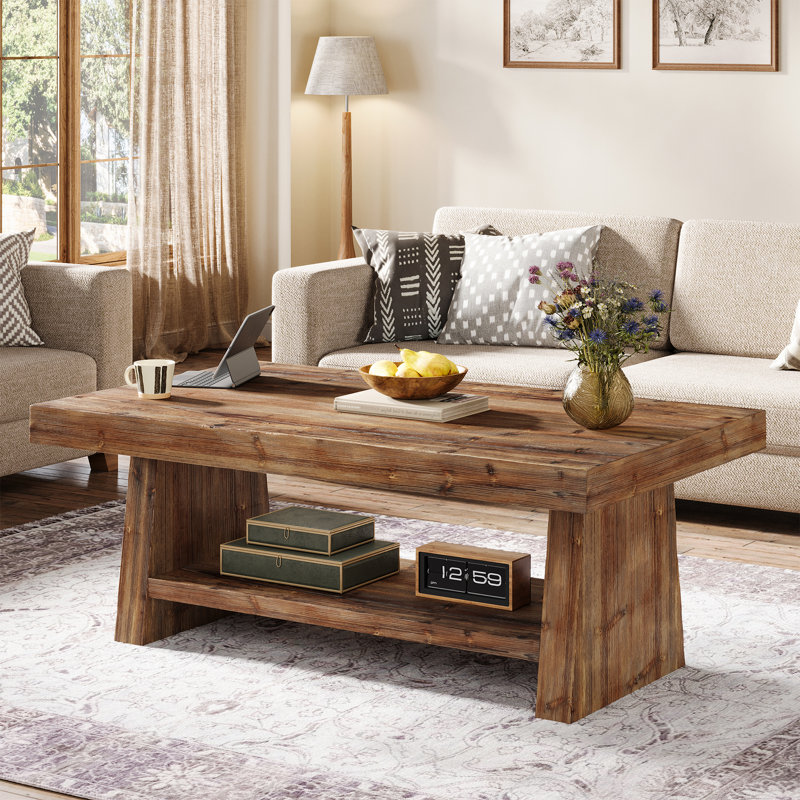 Rectangular Solid Wood Coffee Table, 47-inch Real Wood Center Table With Storage, Carbonized Light Brown