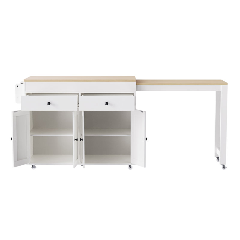 Îlot de cuisine 74,5 pouces avec table de salle à manger extensible (sans tabourets), Blanc cassé