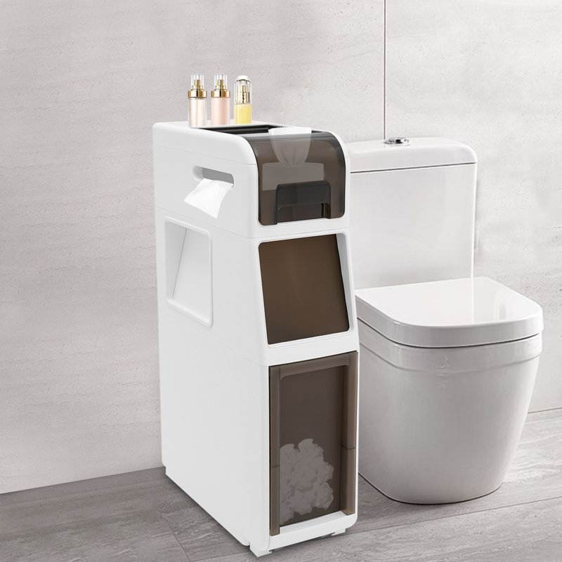 Slim Bathroom Storage Cabinet with Trash Bin & Toilet Paper Holder