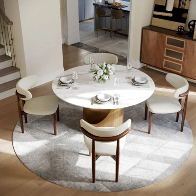 Modern 5/7 Pieces Dining Room Sets, Pre-Assembly Round Dining Table Sets, Sintered Stone Tabletop Kitchen Dining Table Set With Upholstered Chairs