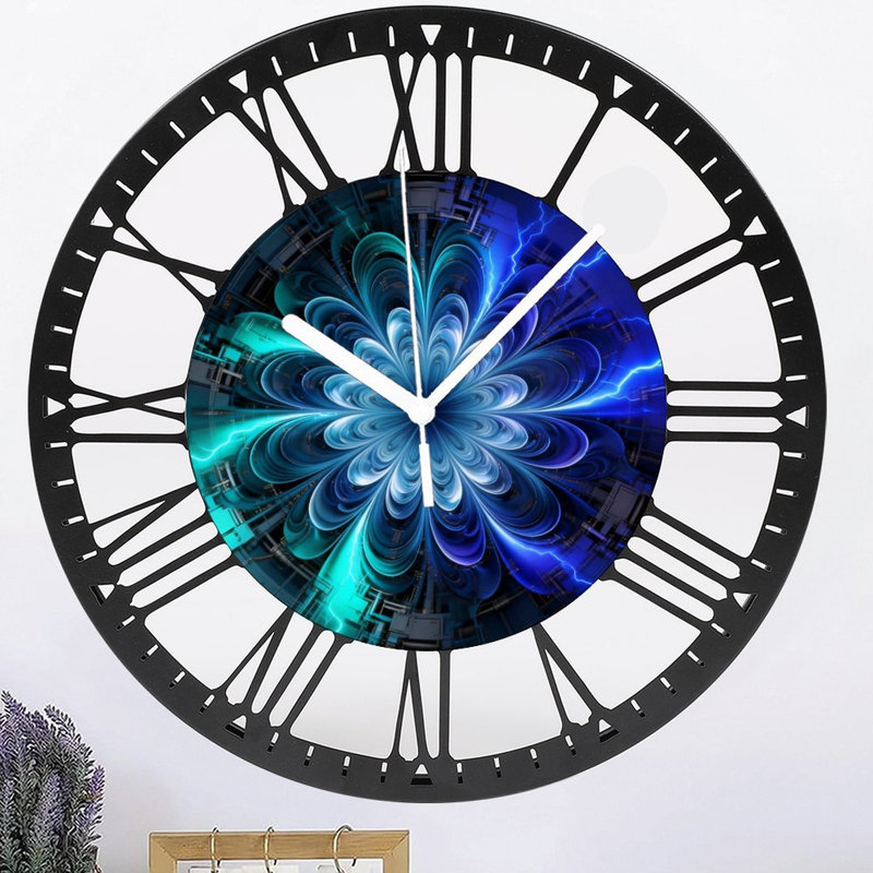 Horloge murale ronde en fer 10 po avec mouvement à quartz silencieux, chiffres romains, impression UV, Bleu électrique