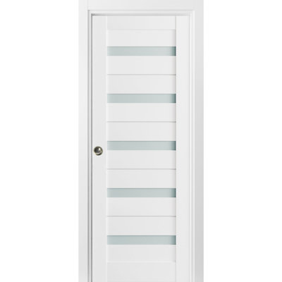 Porte coulissante à galandage avec vitrage dépoli Quadro 4445 Blanc Soie, trousse de garnitures, quincaillerie, bois massif, porte robuste pour chambre à coucher intérieure - 42 po x 84 po