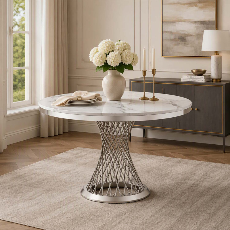 Table de salle à manger ronde de 119 cm (47 po) en faux marbre, table de cuisine moderne avec finition brillante et piètement en acier inoxydable pour une décoration intérieure élégante