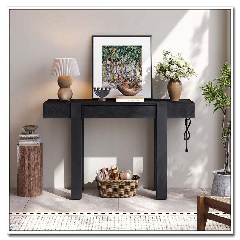 Console avec tiroir caché, prise de courant latérale, table d'entrée en bois pour les entrées, Noir