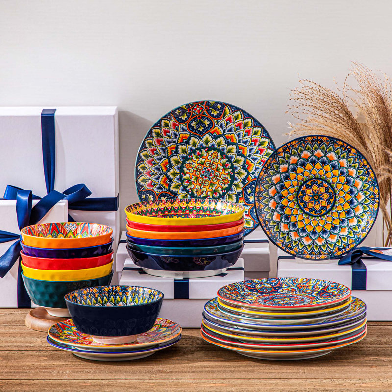 Service de table 24 pièces en céramique 24 pièces, service complet pour 6,6 motifs uniques, assiettes artistiques, bols et tasses, ensemble de divertissement