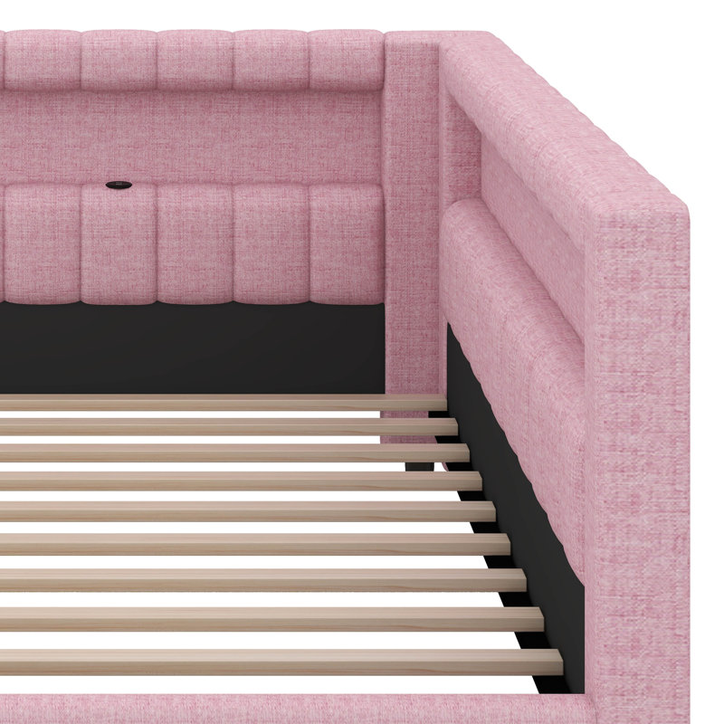 Structure de lit moderne tapissier avec ports USB, canapé-lit avec tête de lit et rangement, Très grand simple, Rose