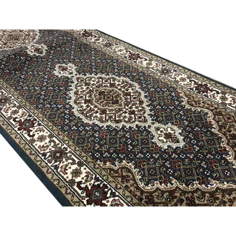 Hand-Knotted High-Quality Dark Blue and Cream Runner