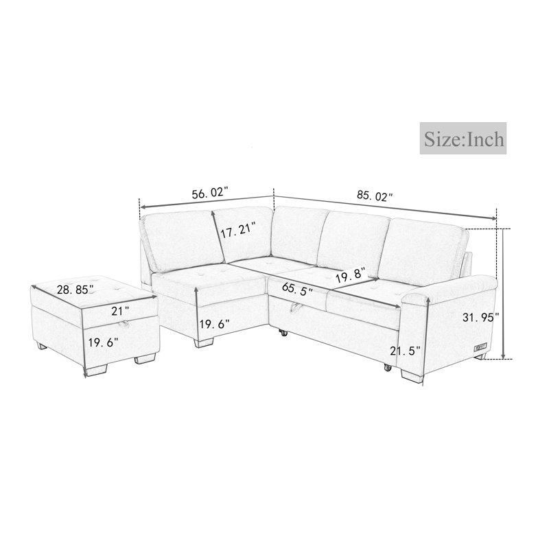 Vimala 85.02'' L-Shaped Sectional Sofa Bed Pull Out Sleeper Couch with Storage Ottoman, Black Velvet