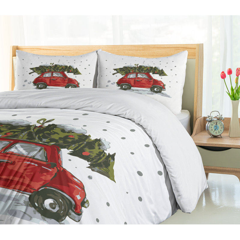 Twin Christmas Red Car and Tree Microfiber Duvet Set