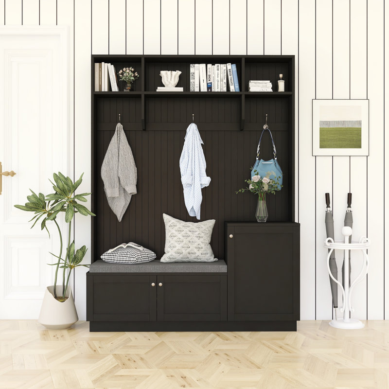 Arbre d'entrée moderne avec rangement pour chaussures et banc - Organisateur de hall d'entrée avec coussin, Noir