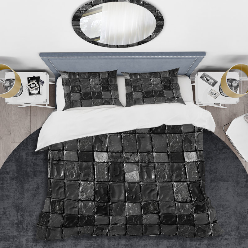 Black Modern Mosaic Tiles V - Ensemble de housse de couette moderne, Housse de couette simple + 2 taies décoratives st