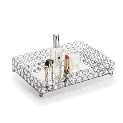 Crystal Cosmetic Makeup Tray, 12.3" X 8" Mirrored Vanity Tray, Large Jewellery Trinket Organizer Tray, Ornate Decorative Tray
