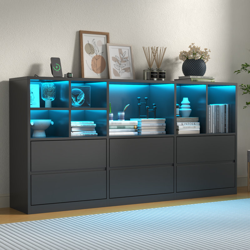 6 Drawers Dresser With 7 Storage Cubbies, LED Chest Of Drawers With Power Outlet, Black