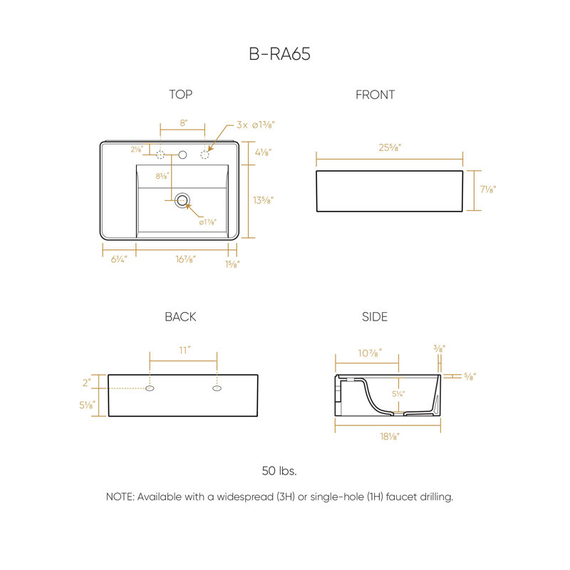 Whitehaus Collection 26" Rectangular Wall Mount Basin With Faucet Drilling And Rear Centre Drain Location, Single
