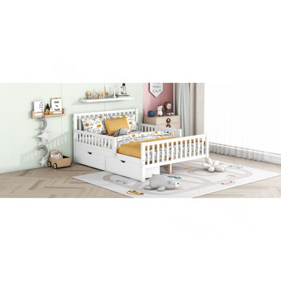 Full Size Wood Platform Bed with Guardrails on Both Sides and Two Storage Drawers ,White